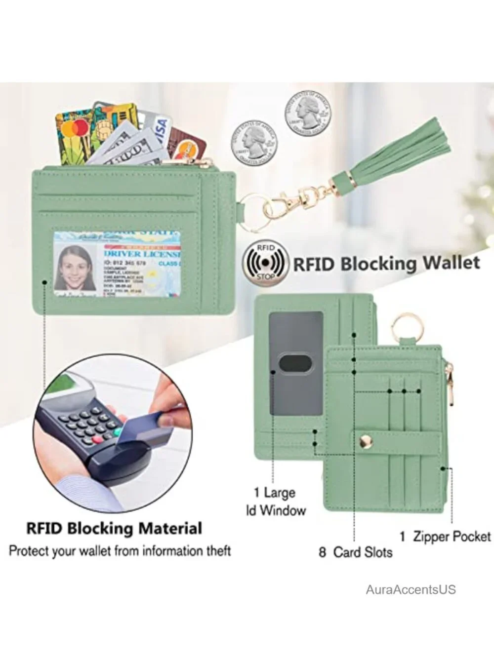 RFID Blocking Vegan Leather Wristlet Wallet with 8 Card Slots & Detachable Strap